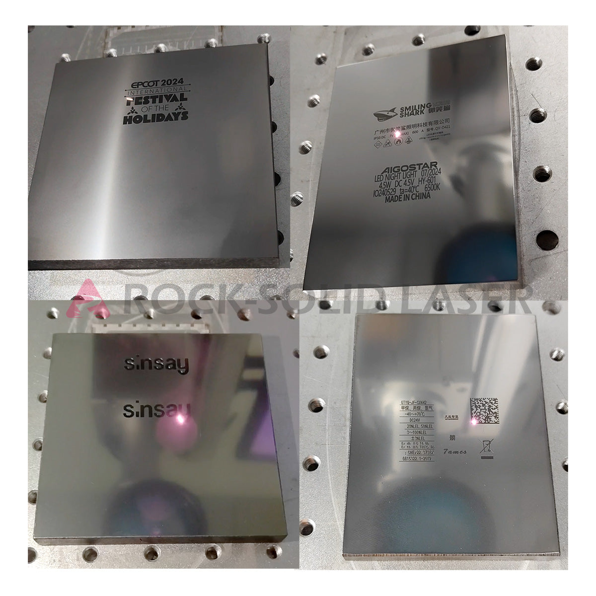 RSD-M200 engraved steel plate samples - logos, text, QR codes, regulatory markings